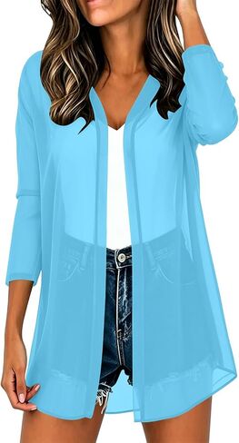 Women 3/4 Sleeve Open Front Chiffon Cardigan Lightweight Casual Sheer Kimono Cardigans Ladies Thin Swimsuit Coverups in Kuwait