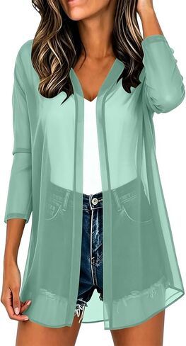 Women 3/4 Sleeve Open Front Chiffon Cardigan Lightweight Casual Sheer Kimono Cardigans Ladies Thin Swimsuit Coverups in Kuwait