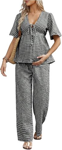 SweatyRocks Women's Maternity 2 Piece Outfits Peplum Blouse and Pants Sets | Maternity Photoshoot Outfits, Maternity Beach Clothes, Plaid Maternity Outfits Summer in Kuwait