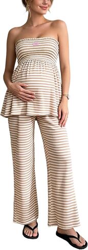 Women Maternity Summer Sets Striped Tube Top And Pants 2 Piece Vacation Outfit in Kuwait
