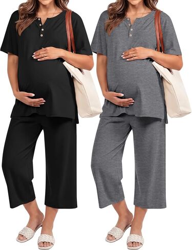 2 Pack Maternity Outfits Pregnancy Postpartum Pajama Lounge Set Oversized T-shirt Capri Pants Soft Summer Sleepwear(Black, Dark Mix Gray,Small) in Kuwait