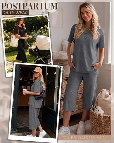 2 Pack Maternity Outfits Pregnancy Postpartum Pajama Lounge Set Oversized T-shirt Capri Pants Soft Summer Sleepwear(Black, Dark Mix Gray,Small) in Kuwait