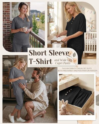 2 Pack Maternity Outfits Pregnancy Postpartum Pajama Lounge Set Oversized T-shirt Capri Pants Soft Summer Sleepwear(Black, Dark Mix Gray,Small) in Kuwait