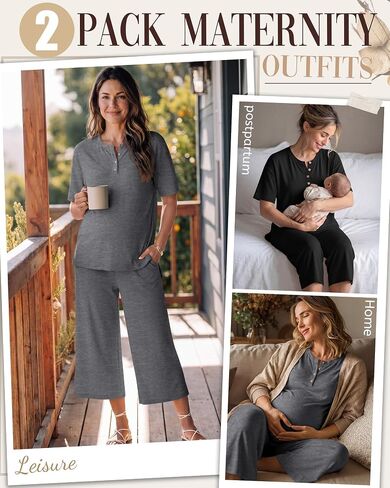2 Pack Maternity Outfits Pregnancy Postpartum Pajama Lounge Set Oversized T-shirt Capri Pants Soft Summer Sleepwear(Black, Dark Mix Gray,Small) in Kuwait