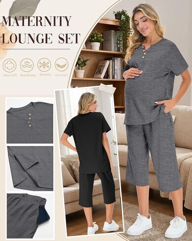 2 Pack Maternity Outfits Pregnancy Postpartum Pajama Lounge Set Oversized T-shirt Capri Pants Soft Summer Sleepwear(Black, Dark Mix Gray,Small) in Kuwait