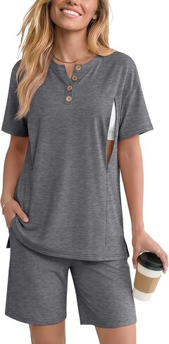 Maternity Nursing Pajama Set | 2 Piece, Postpartum, Sleepwear, Breastfeeding, Short Sleeve, Shorts, , Hidden, Zipper in Kuwait