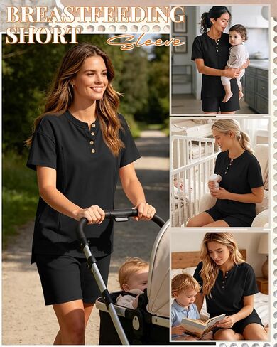 Maternity Nursing Pajama Set | 2 Piece, Postpartum, Sleepwear, Breastfeeding, Short Sleeve, Shorts, , Hidden, Zipper in Kuwait
