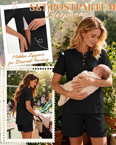 Maternity Nursing Pajama Set | 2 Piece, Postpartum, Sleepwear, Breastfeeding, Short Sleeve, Shorts, , Hidden, Zipper in Kuwait