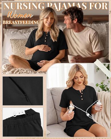 Maternity Nursing Pajama Set | 2 Piece, Postpartum, Sleepwear, Breastfeeding, Short Sleeve, Shorts, , Hidden, Zipper in Kuwait