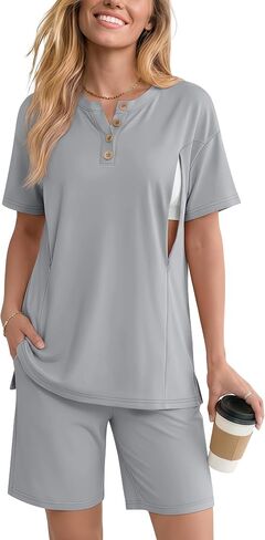 Maternity Nursing Pajama Set | 2 Piece, Postpartum, Sleepwear, Breastfeeding, Short Sleeve, Shorts, , Hidden, Zipper in Kuwait