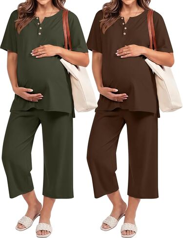 2 Pack Maternity Outfits Pregnancy Postpartum Pajama Lounge Set Oversized T-shirt Capri Pants Soft Summer Sleepwear(Army Green, Coffee,X-Large) in Kuwait