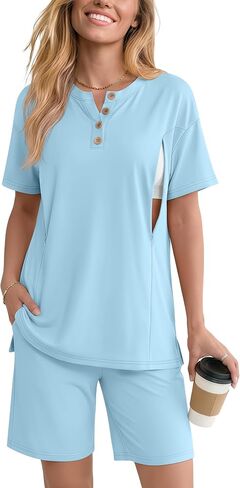 Maternity Nursing Pajama Set | 2 Piece, Postpartum, Sleepwear, Breastfeeding, Short Sleeve, Shorts, , Hidden, Zipper in Kuwait