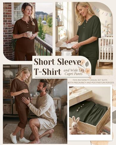 2 Pack Maternity Outfits Pregnancy Postpartum Pajama Lounge Set Oversized T-shirt Capri Pants Soft Summer Sleepwear(Army Green, Coffee,X-Large) in Kuwait