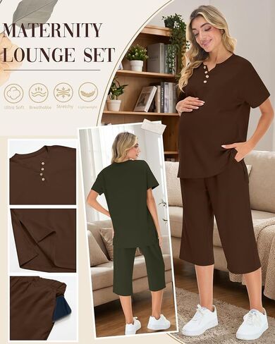 2 Pack Maternity Outfits Pregnancy Postpartum Pajama Lounge Set Oversized T-shirt Capri Pants Soft Summer Sleepwear(Army Green, Coffee,X-Large) in Kuwait