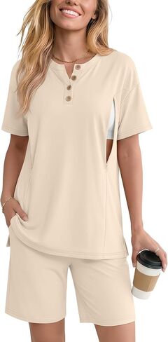 Maternity Nursing Pajama Set | 2 Piece, Postpartum, Sleepwear, Breastfeeding, Short Sleeve, Shorts, , Hidden, Zipper in Kuwait