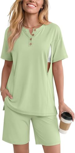 Maternity Nursing Pajama Set | 2 Piece, Postpartum, Sleepwear, Breastfeeding, Short Sleeve, Shorts, , Hidden, Zipper in Kuwait