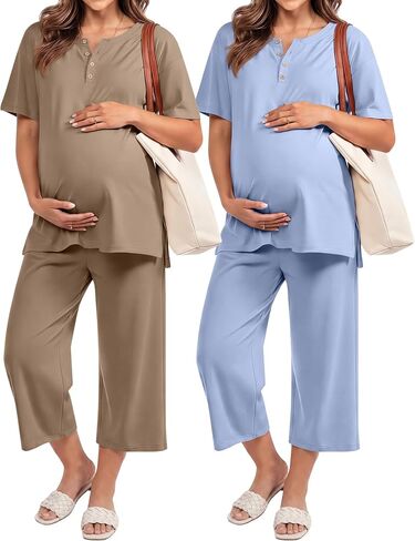 2 Pack Maternity Outfits, Pregnancy Postpartum Pajama Lounge Set Short Sleeve Top Capri Pants Soft Summer Sleepwear(Khaki, Light Blue,Medium) in Kuwait