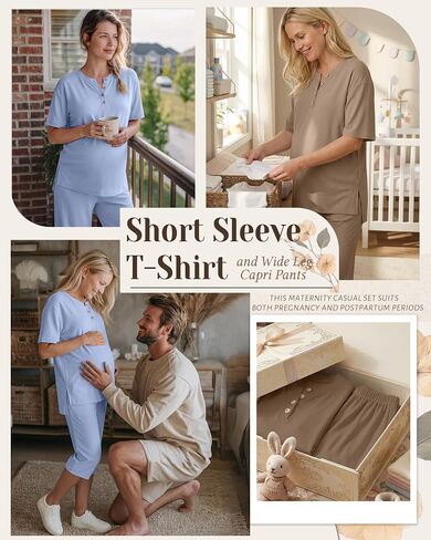 2 Pack Maternity Outfits, Pregnancy Postpartum Pajama Lounge Set Short Sleeve Top Capri Pants Soft Summer Sleepwear(Khaki, Light Blue,Medium) in Kuwait