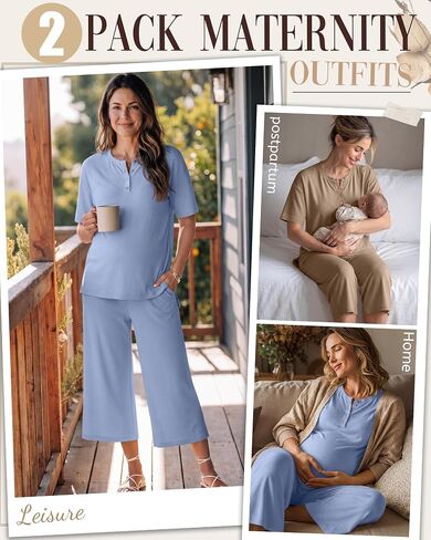 2 Pack Maternity Outfits, Pregnancy Postpartum Pajama Lounge Set Short Sleeve Top Capri Pants Soft Summer Sleepwear(Khaki, Light Blue,Medium) in Kuwait