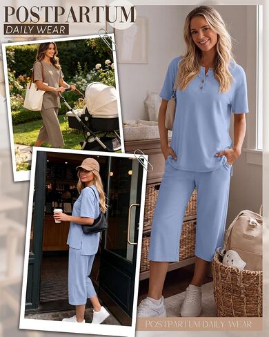 2 Pack Maternity Outfits, Pregnancy Postpartum Pajama Lounge Set Short Sleeve Top Capri Pants Soft Summer Sleepwear(Khaki, Light Blue,Medium) in Kuwait