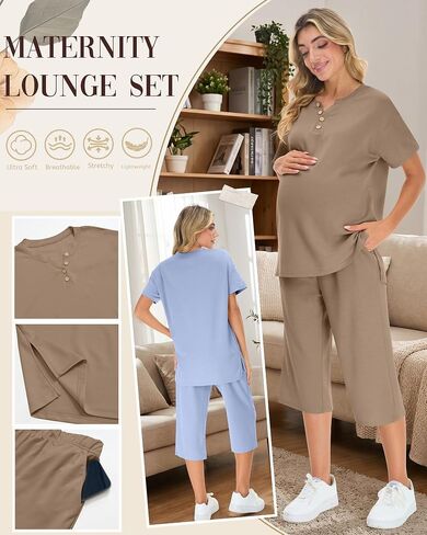 2 Pack Maternity Outfits, Pregnancy Postpartum Pajama Lounge Set Short Sleeve Top Capri Pants Soft Summer Sleepwear(Khaki, Light Blue,Medium) in Kuwait