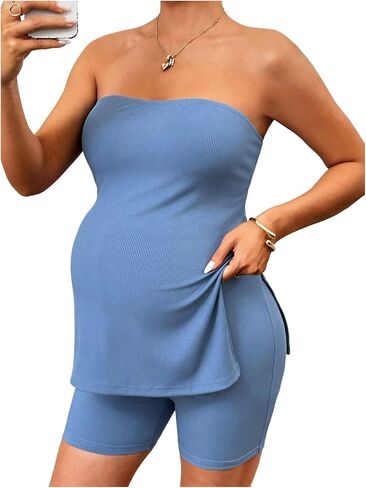 Milumia Women's Maternity 2 Piece Outfit Strapless Split Ribbed Tube Top High Waisted Shorts Sets in Kuwait