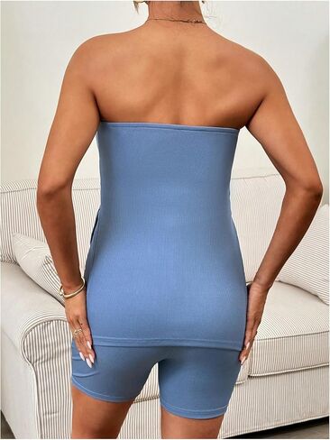 Milumia Women's Maternity 2 Piece Outfit Strapless Split Ribbed Tube Top High Waisted Shorts Sets in Kuwait
