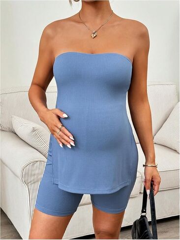 Milumia Women's Maternity 2 Piece Outfit Strapless Split Ribbed Tube Top High Waisted Shorts Sets in Kuwait