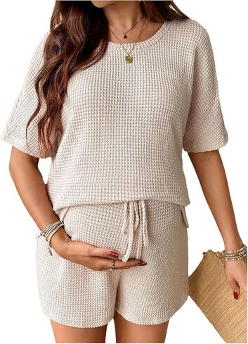 MakeMeChic Women's Maternity 2 Piece Summer Outfits Waffle Knit Tee Top and Drawstring Shorts Pregnancy Sets in Kuwait