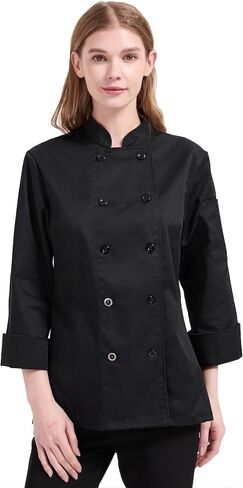 Chef Coat Women Long Sleeve Black Chef Jacket Double Breasted Chef Clothes Uniform for Kitchen,Restaurant,Bakery in Saudi Arabia