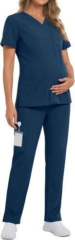 Women's Maternity Scrub Set V Neck Top Side Slit Stretchy Scrub Pants Pregnancy Nurse Uniform with 9 Pockets in Kuwait