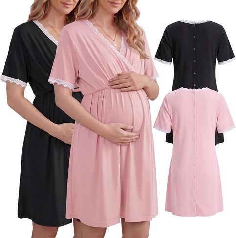 Cutecrop 2 Pack Labor and Delivery Gown for Hospital Maternity Nursing Button Back Gown Short Sleeve Breastfeeding Dress in Kuwait