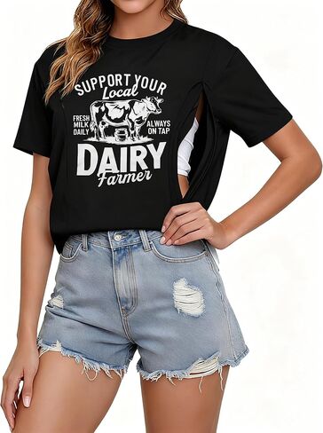 LUKYCILD Breastfeeding Shirts for Women Hidden Zippers Nursing Shirt Side Split Maternity Tees Funny Graphic Short Sleeve Top in Kuwait