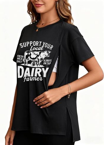 LUKYCILD Breastfeeding Shirts for Women Hidden Zippers Nursing Shirt Side Split Maternity Tees Funny Graphic Short Sleeve Top in Kuwait