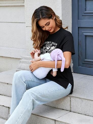 LUKYCILD Breastfeeding Shirts for Women Hidden Zippers Nursing Shirt Side Split Maternity Tees Funny Graphic Short Sleeve Top in Kuwait
