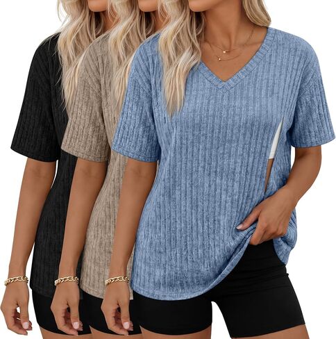 Huukeay 3 Pack Women's Nursing T Shirts for Breastfeeding Oversized V Neck Ribbed Knit Maternity Tops with Hidden Zipper in Kuwait