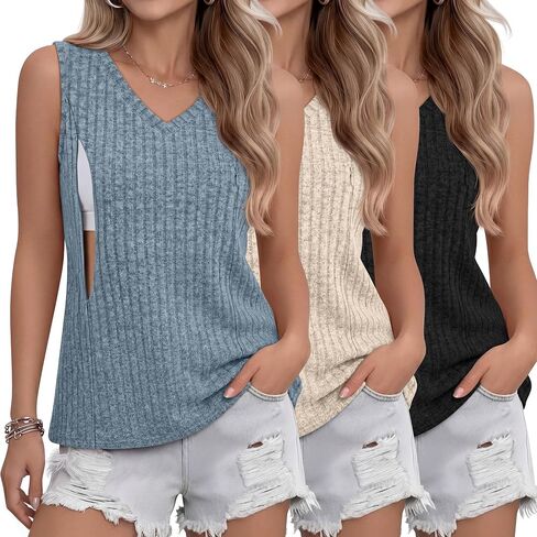 3 Pack Women's Nursing Tank Tops for Breastfeeding Hidden Zippers Ribbed Knit Sleeveless Shirts Maternity Loose Top in Kuwait