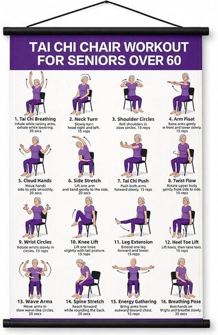 Lionpower Tai Chi Chair Workout Chart for Seniors - Chair Tai Chi Exercise Poster for Beginners - Seated Tai Chi for Seniors Workout Guide - Instructional Wall Art for Balance & Flexibility (16 x 24 inches) in Saudi Arabia