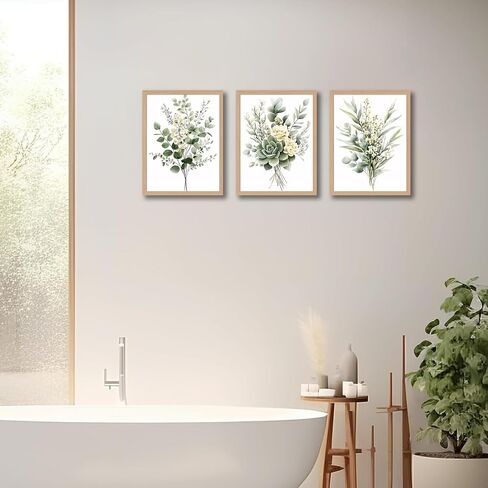 3Pcs Framed Vintage Botanical Wall Art Plant Floral Watercolor Canvas Prints Sage Green Painting Eucalyptus Leaf Picture Modern Minimalist Boho Bedroom Bathroom Living Room Ready to Hang 16x24in in Saudi Arabia