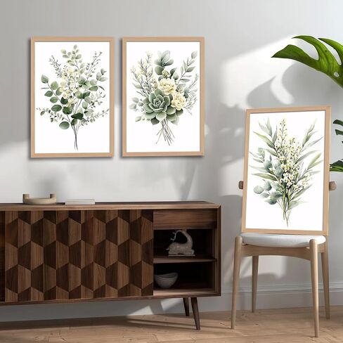 3Pcs Framed Vintage Botanical Wall Art Plant Floral Watercolor Canvas Prints Sage Green Painting Eucalyptus Leaf Picture Modern Minimalist Boho Bedroom Bathroom Living Room Ready to Hang 16x24in in Saudi Arabia