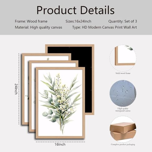 3Pcs Framed Vintage Botanical Wall Art Plant Floral Watercolor Canvas Prints Sage Green Painting Eucalyptus Leaf Picture Modern Minimalist Boho Bedroom Bathroom Living Room Ready to Hang 16x24in in Saudi Arabia