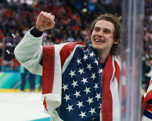 SPORTSPHOTOSUSA Jack Hughes Teeth With Flag 2026 USA Gold Medal 8x10 Photo in Kuwait