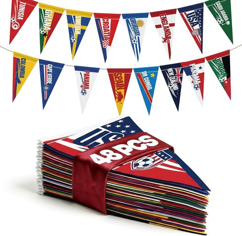 2026 World Cup Country Flag Pennants 48Pcs (10x23cm) Triangle Flags Polyester rope 15m - Soccer Nations Flags Bunting Pennant for Party Decorations for Tournaments, Garden, Streets & Pub Bar in Saudi Arabia