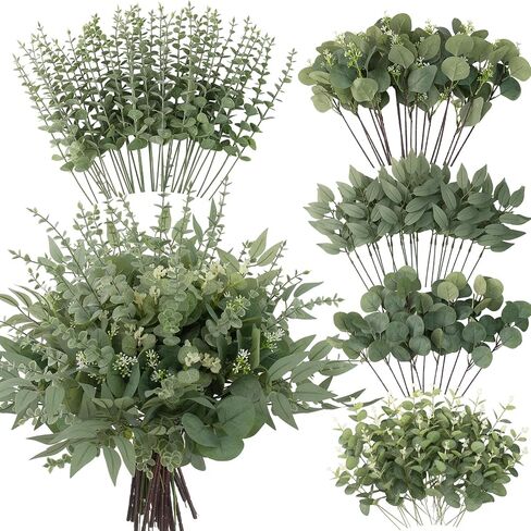 lovemoon 130 Pcs Artificial Mixed EucalyptusStems Bulk, 5 Kinds of Faux GreeneryEucalyptus Leaves Bulk for Vase Wedding DIY Bouquets Floral Arrangement Home Decor (130, Green) in Saudi Arabia