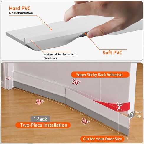 2 Pack Hard Door Draft Stopper for Bottom of Doors, 36" Under Door Sweep, Adjustable Weather Stripping Door Seal Gap Filler, Hot, Cold Air, Light, Noise Blocker for Interior & Exterior - White in Saudi Arabia