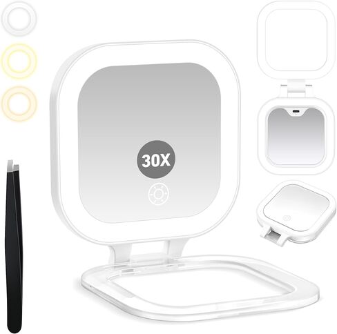GOMIPURU Travel Mirror with Light, Compact Mirrors, 1x/30x Magnifying Mirror with 3 Color Lights and Adjustable Brightness, 4.5x3.9 inch Small Compact Hangable Hand Pocket Mirrors, Comes with Tweezer in Saudi Arabia