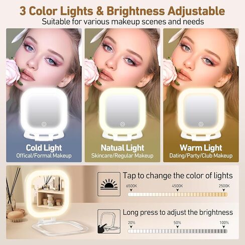 GOMIPURU Travel Mirror with Light, Compact Mirrors, 1x/30x Magnifying Mirror with 3 Color Lights and Adjustable Brightness, 4.5x3.9 inch Small Compact Hangable Hand Pocket Mirrors, Comes with Tweezer in Saudi Arabia