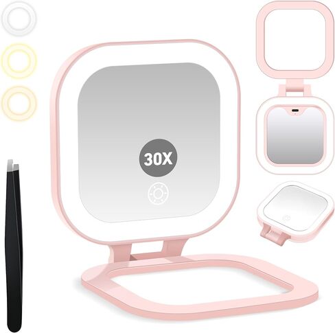 GOMIPURU Travel Mirror with Light, Compact Mirrors, 1x/30x Magnifying Mirror with 3 Color Lights and Adjustable Brightness, 4.5x3.9 inch Small Compact Hangable Hand Pocket Mirrors, Comes with Tweezer in Saudi Arabia
