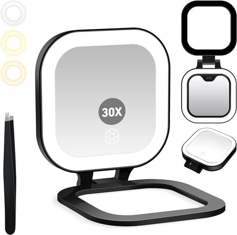 GOMIPURU Travel Mirror with Light, Compact Mirrors, 1x/30x Magnifying Mirror with 3 Color Lights and Adjustable Brightness, 4.5x3.9 inch Small Compact Hangable Hand Pocket Mirrors, Comes with Tweezer in Saudi Arabia