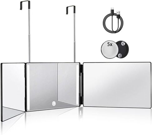 HIEEY 3 Way Mirror for Hair Cutting,360 Trifold Mirror with Height Adjustable Telescoping Hooks,and 5X Magnification,for Makeup, Hair Styling in Saudi Arabia